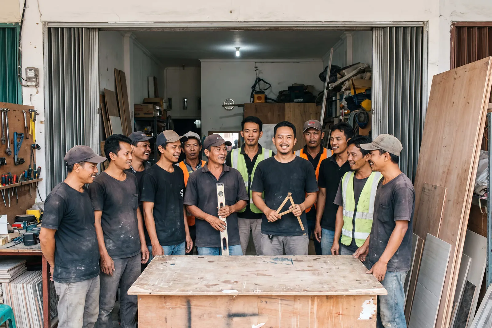 Tim Bengkel Rumah berdiri bersama di depan meja kerja di workshop Sawangan, dengan lembaran multipleks dan papan perkakas di belakangnya.
